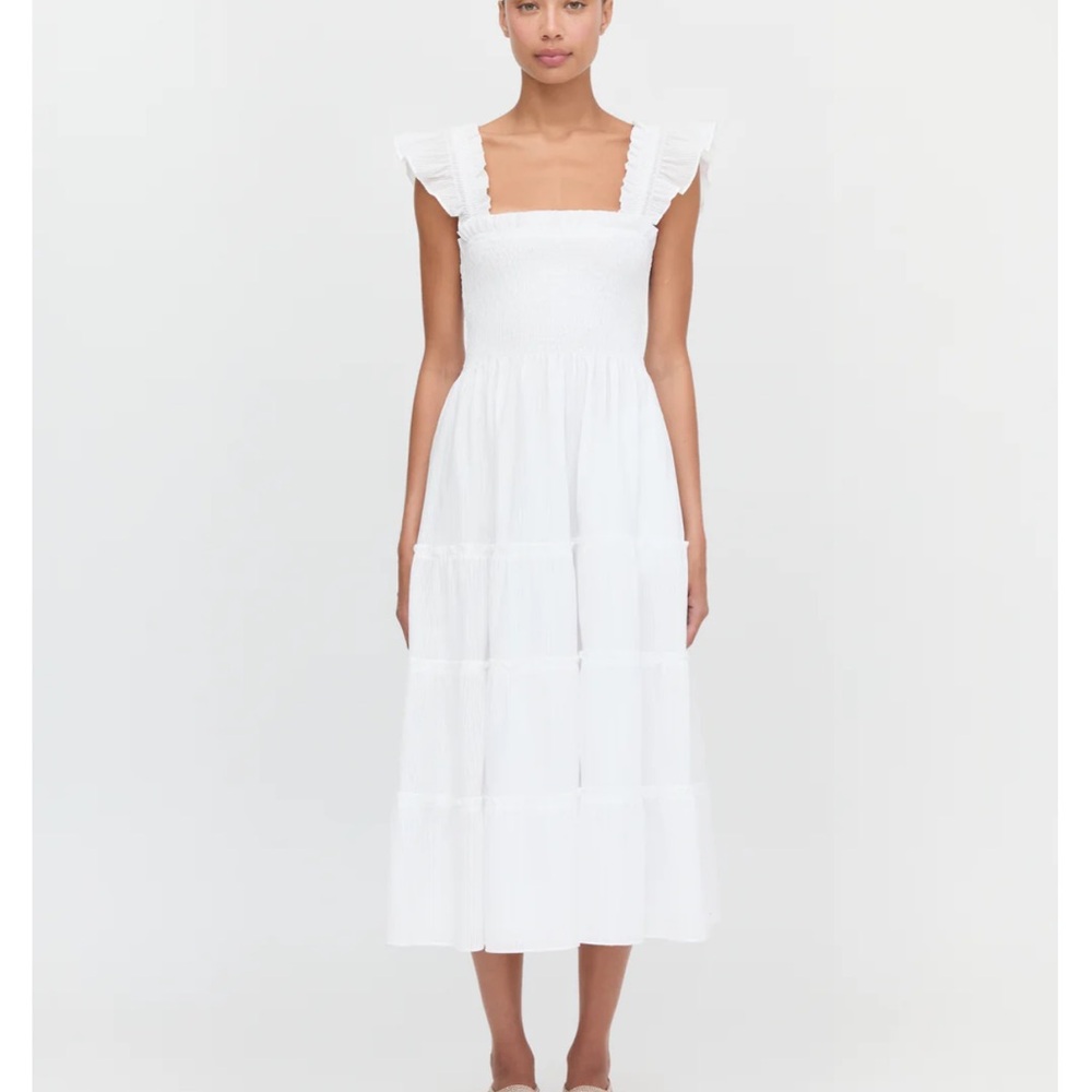 Kourt White Midi Dress with Ruffle Sleeves